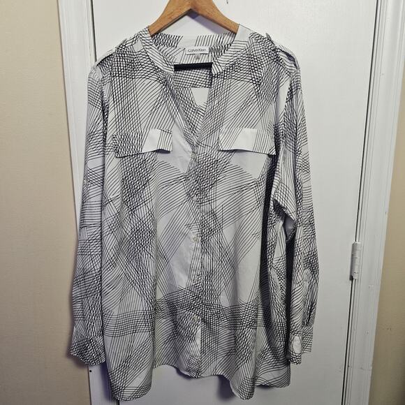 Calvin Klein Sheer Black & White V-Neck Roll Tab Sleeves Button Blouse Size 2X - Picture 2 of 7